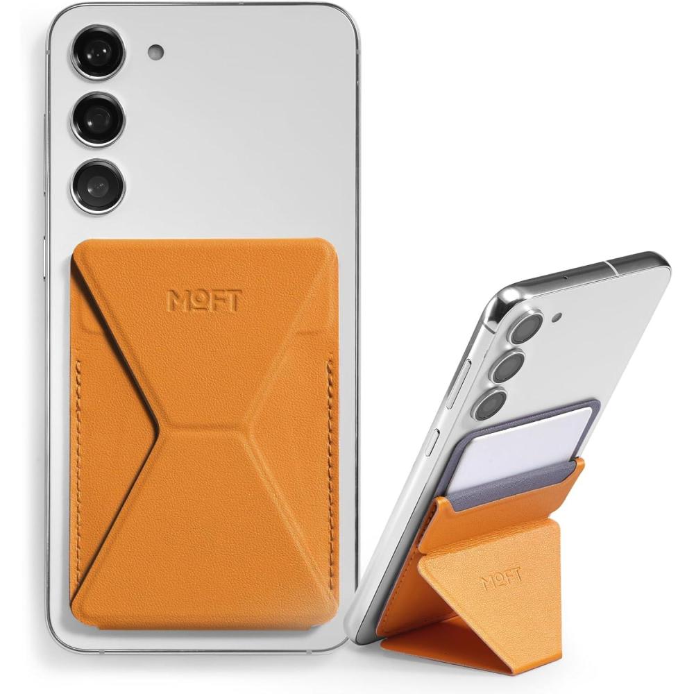 imageMOFT Phone Stand Adhesive Card Holder Fits 23 Cards Slim ampamp Portable Leather Phone Wallet 2 Viewing Angles RFID Blocking Compatible with iPhone Galaxy and Most Smartphones Classic NudeOrange