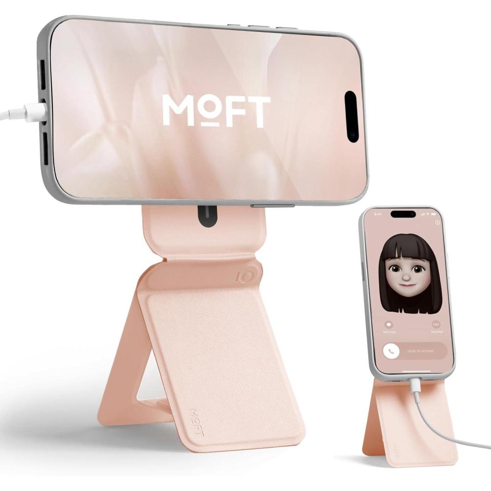 imageMOFT Phone Stand Magnetic Phone Tripod Stand StainResistant MOVAS Leather amp Angle Adjustment amp Strong Magnets Tripod for iPhone 171615141312 Included Metal RingSapphirePeach Pink