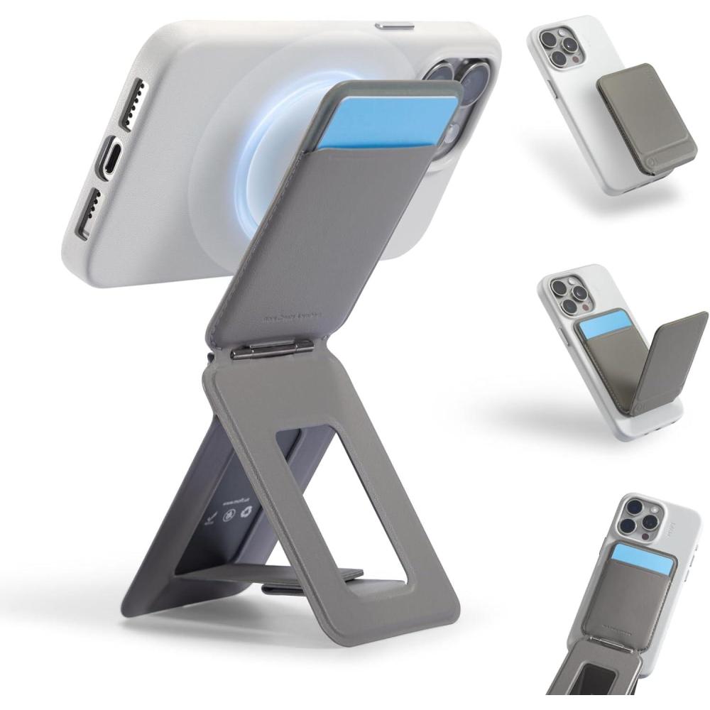 imageMOFT Phone Stand Magnetic Phone Tripod Stand StainResistant MOVAS Leather amp Angle Adjustment amp Strong Magnets Tripod for iPhone 171615141312 Included Metal RingSapphireTaupe