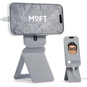 MOFT Phone Stand, Magnetic Phone Tripod Stand Stain-Resistant MOVAS Leather & Angle Adjustment & Strong Magnets Tripod for iPhone 17/16/15/14/13/12 (Included Metal Ring)-Sapphire(Cement)