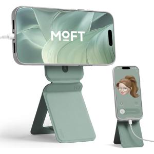 MOFT Phone Stand, Magnetic Phone Tripod Stand Stain-Resistant MOVAS Leather & Angle Adjustment & Strong Magnets Tripod for iPhone 17/16/15/14/13/12 (Included Metal Ring)-Sapphire(Seafoam)