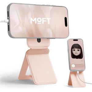 MOFT Phone Stand, Magnetic Phone Tripod Stand Stain-Resistant MOVAS Leather & Angle Adjustment & Strong Magnets Tripod for iPhone 17/16/15/14/13/12 (Included Metal Ring)-Sapphire(Peach Pink)