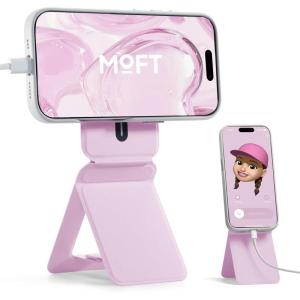 MOFT Phone Stand, Magnetic Phone Tripod Stand Stain-Resistant MOVAS Leather & Angle Adjustment & Strong Magnets Tripod for iPhone 17/16/15/14/13/12 (Included Metal Ring)-Sapphire(Blush)