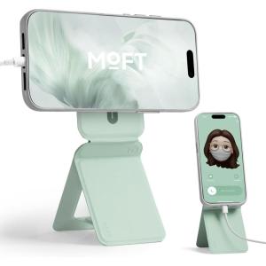 MOFT Phone Stand, Magnetic Phone Tripod Stand Stain-Resistant MOVAS Leather & Angle Adjustment & Strong Magnets Tripod for iPhone 17/16/15/14/13/12 (Included Metal Ring)-Sapphire(Peppermint)